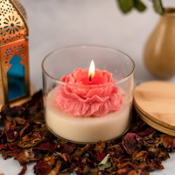 Vaibhyaa Pink Peony Jar Candle - Elegant Floral Scented Candle with Wooden Lid