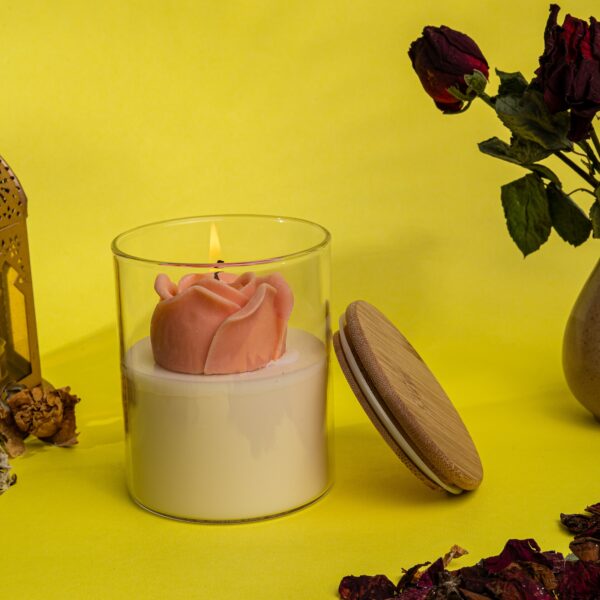 Vaibhyaa Rose Transparent Lid Candle - Cylindrical Jar Candle with Rustic Wooden Lid